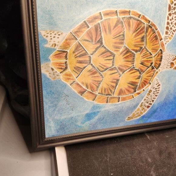 Hand Crafted Sea Turtle Colored Pencil Drawing Framed 9x11" - Picture 4 of 14